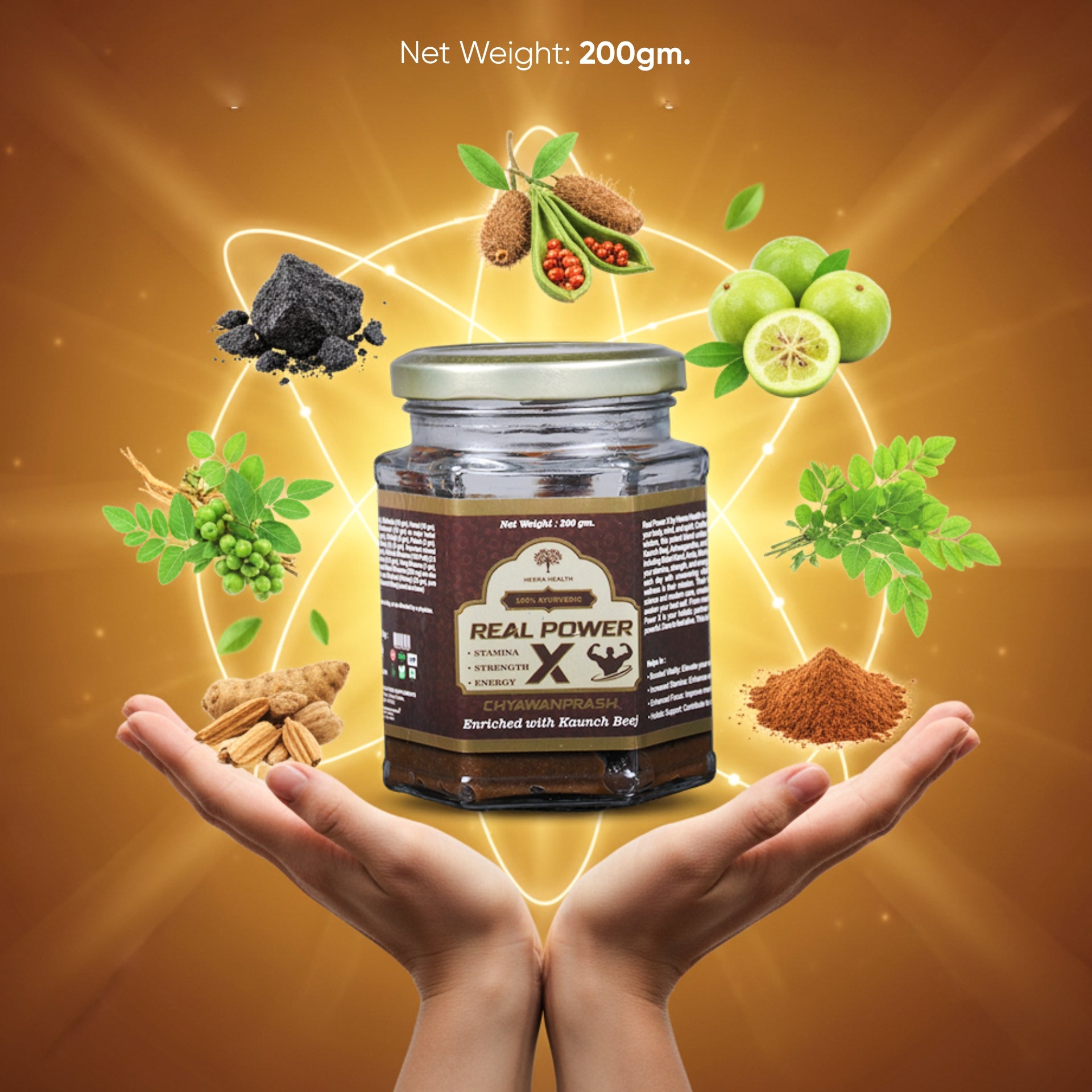 Jar of 'Real Power X' with natural ingredients on a warm background
